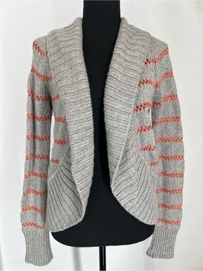American Eagle Outfitters Gray Sweater Cardigan with Coral Stripe Accents